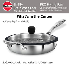 Hawkins Pro 26 cm Shielded Nonstick Triply Frying Pan, Fry Pan with Stainless Steel Handle and Glass Lid, Silver (PSNF26G)