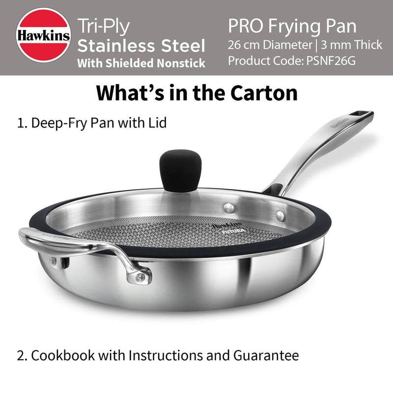 Hawkins Pro 26 cm Shielded Nonstick Triply Frying Pan, Fry Pan with Stainless Steel Handle and Glass Lid, Silver (PSNF26G)
