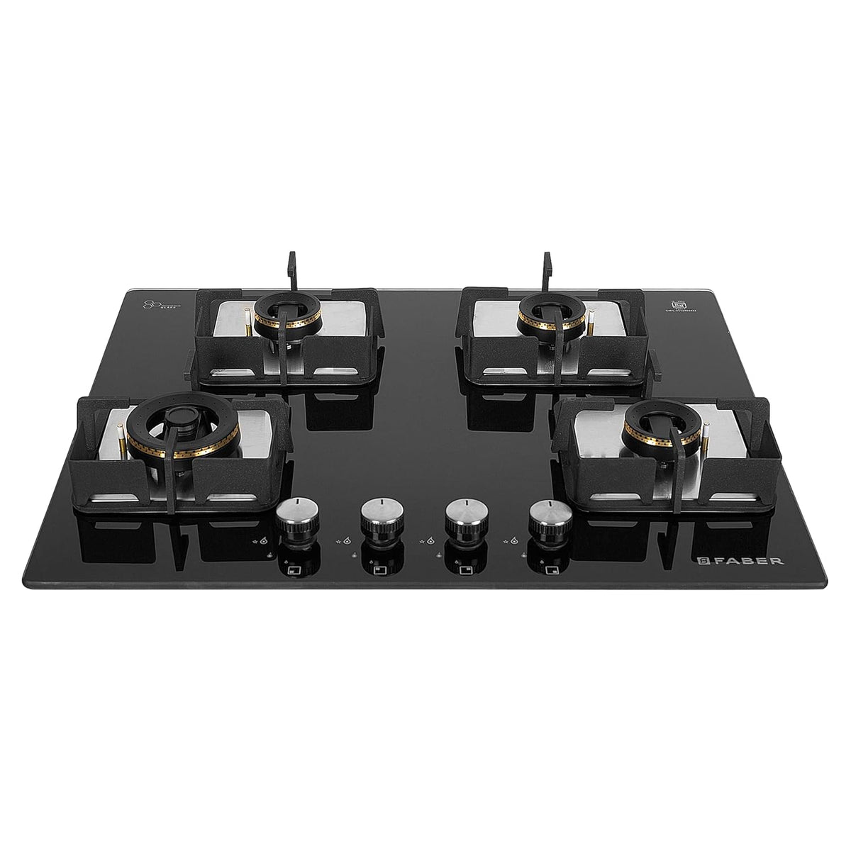 Faber 4 Burner HCT 65 cm Hob| Brass Burners| Bakelite Knobs| Cast Iron Pan Support | Hob/Cooktop Hybrid Toughened Glass 