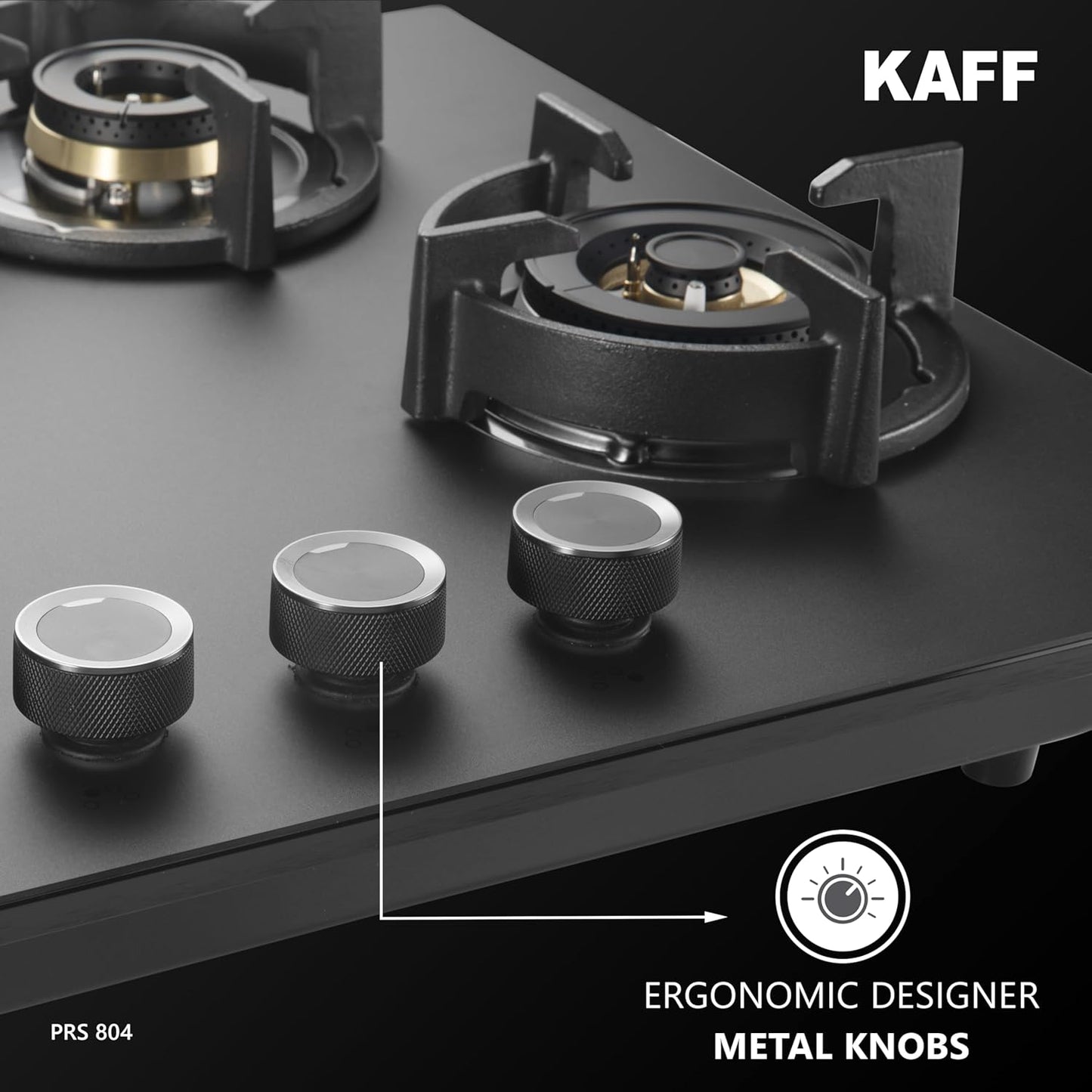 KAFF | PRESTON |80CM 4 Burners Open Built-In Hob & Hobtop With Digital Timer | 8Mm Premium Frosted Black Glass | Powerful Brass Burners With Full Flame Failure Device | Enamelled Matt Finish | PRS804