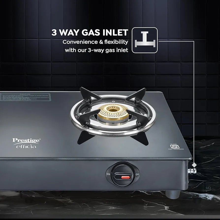 Prestige Efficia LP Open Gas Stove with Powder-Coated Body, Glass Top & 2 Brass Burners