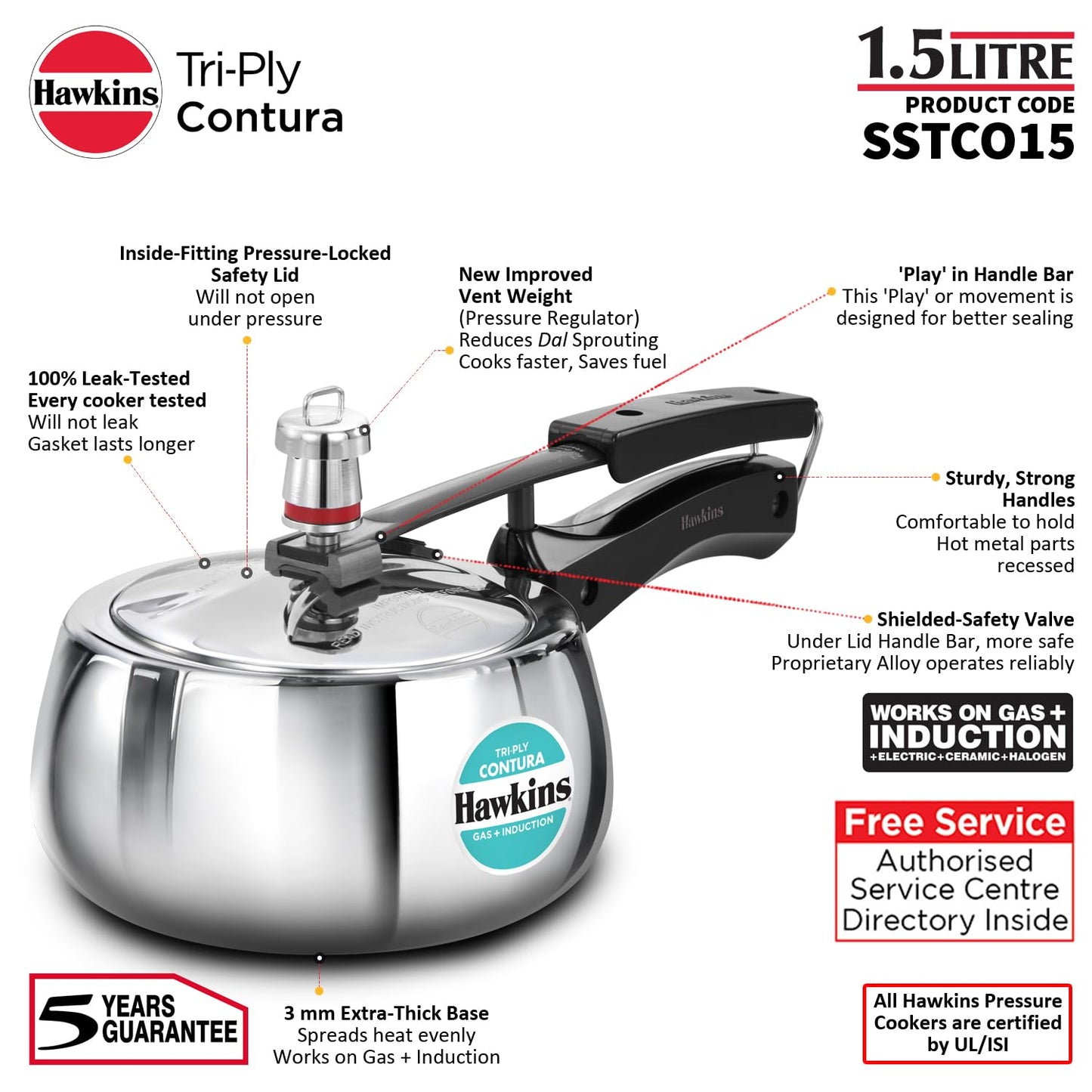 Hawkins 1.5 Litre Triply Contura Induction Pressure Cooker, Triply Stainless Steel, Contura shaped, Silver (SSTCO15)