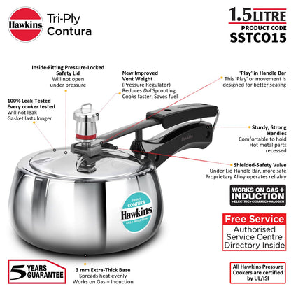 Hawkins 1.5 Litre Triply Contura Induction Pressure Cooker, Triply Stainless Steel, Contura shaped, Silver (SSTCO15)