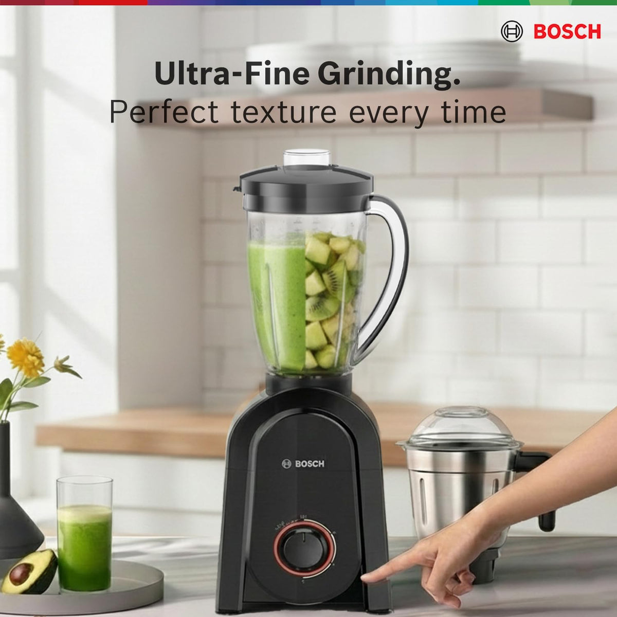Bosch CosMixx Pro 1000W Mixer Grinder | German Engineering for Powerful & Ultra Fine Grinding | 4 Leak Proof Jars including Blender Jar | 22000 RPM Heavy Duty Motor | Overload Protection 【MG8714C4KI】