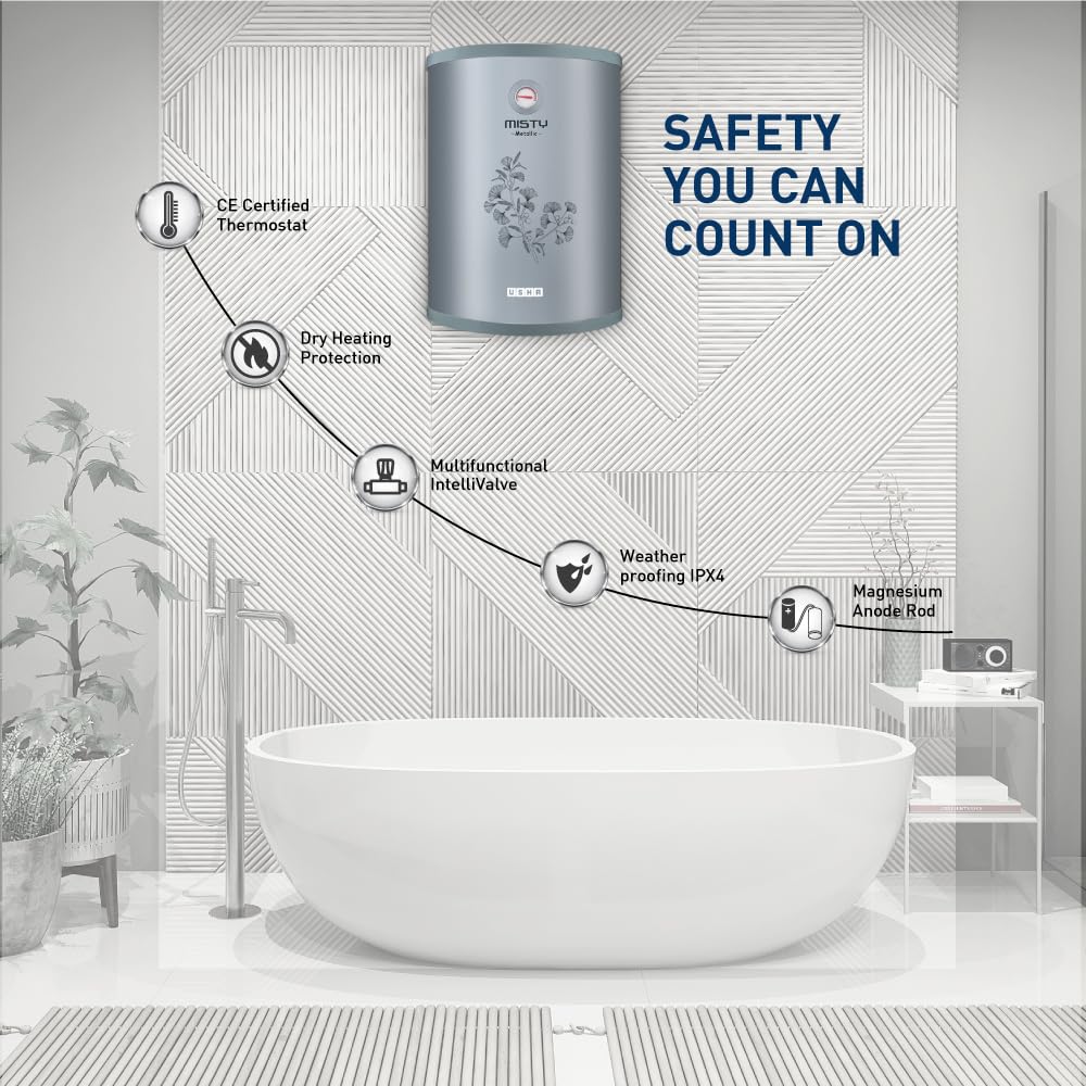 Usha Misty 6 Ltr 2000-Watt 5 Star Storage Water Heater (Grey Magnolia) With Pipes & Free Installation
