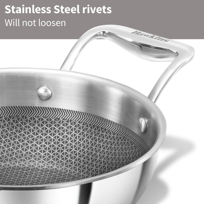 Hawkins Pro 1.5 Litre Shielded Nonstick Triply Deep-Fry Pan, Kadhai with Stainless Steel Handles and Glass Lid, Silver (PSNK15G), 18 cm