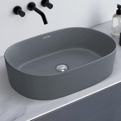Plantex Ceramic Wash Basin for Bathroom/Oval Table Top Basin/Countertop Vessel Sink for Home/Hotel (22 x 14 x 6 inch - Cloud Grey)-1