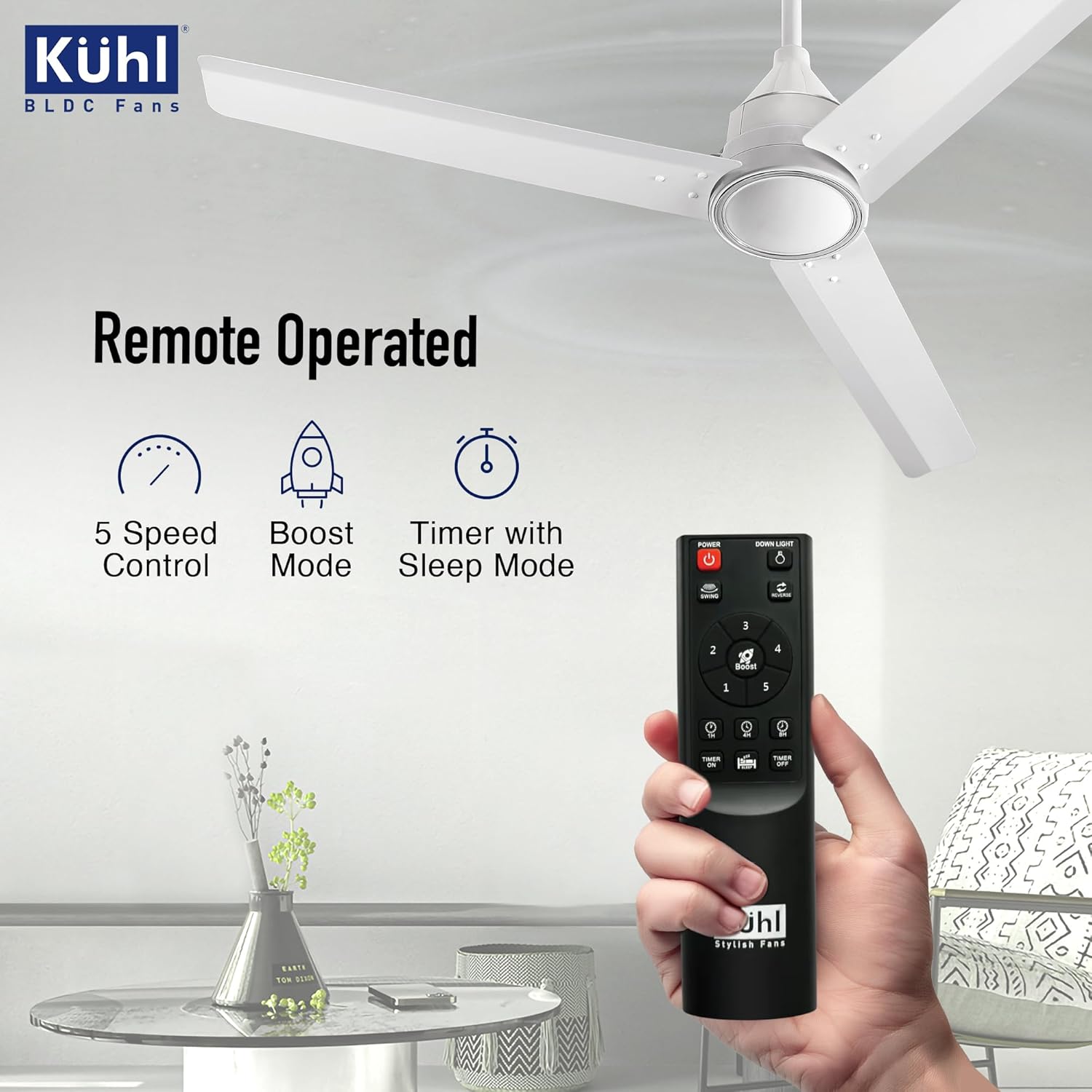 KUHL Arctis A4 1200MM 65% Stylish Power Saving BLDC Ceiling Fan with Remote | 29W | BEE 5 Star Rated & ISI Marked | High Air Flow | 5 Year Brand Warranty On Motor | White