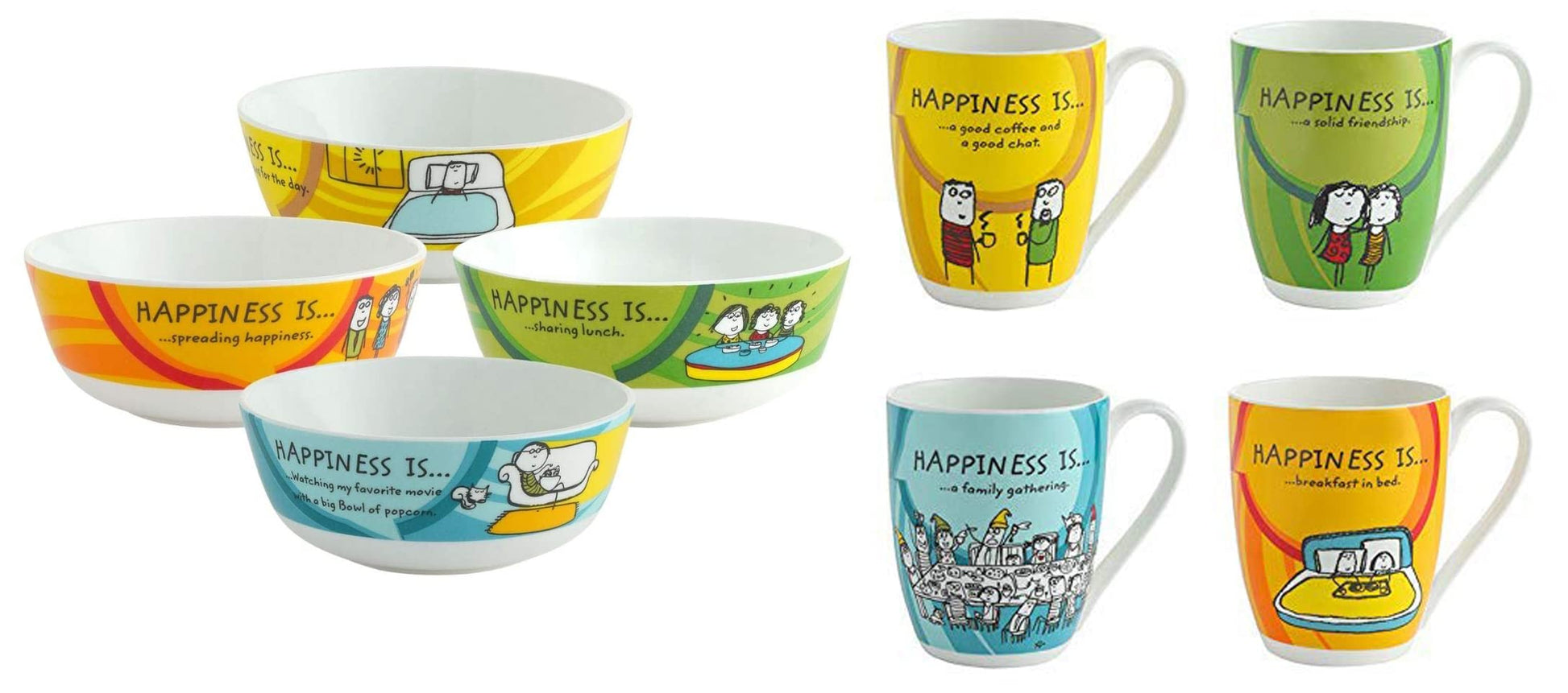Clay Craft - Happiness is Ceramic Coffee Mugs Alton, Set of 4, 240ml Happiness is Ceramic Mini Snack Plates, Set of 4, 5", Multicolour