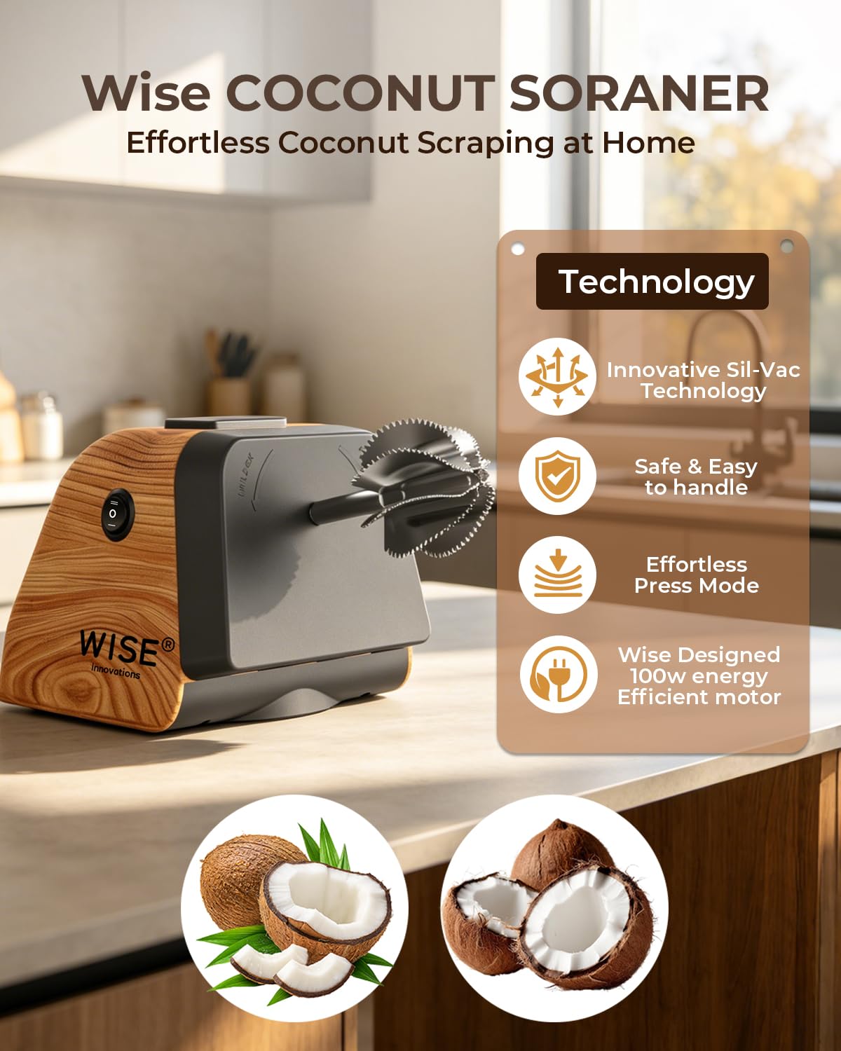 Wise Electric Coconut Scraper Machine with Vortex Blade, Dual Mode Switch, Anti-Skid Base, High Torque Motor for Fast Coconut Grating, Ideal for Kitchen, Home & Commercial Use