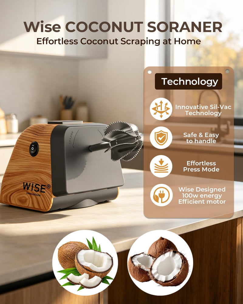 Wise Electric Coconut Scraper Machine with Vortex Blade, Dual Mode Switch, Anti-Skid Base, High Torque Motor for Fast Coconut Grating, Ideal for Kitchen, Home & Commercial Use