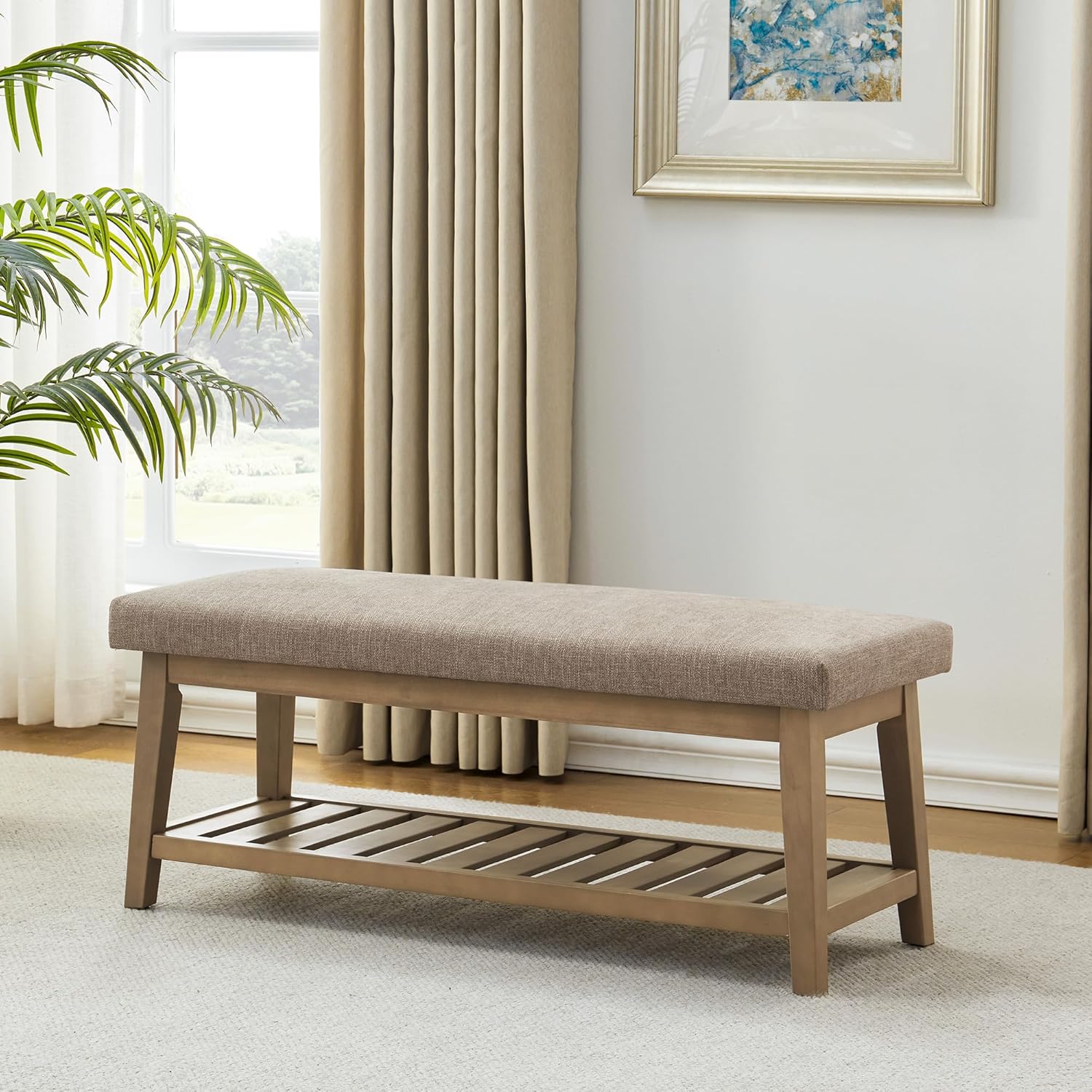 Ottoman Benches with Solid Wood Shelf, Storage Bench for Hallway, Living Room