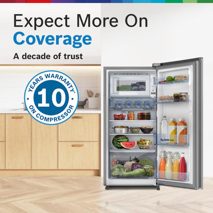 Bosch 187 L, 3 Star, Single Door Refrigerator with Industry's largest vegetable box* & largest Beverage space (CST18S23NI, Fine Steel) | 18 Hour Cooling Retention during powercut, 2.5x Faster Cooling