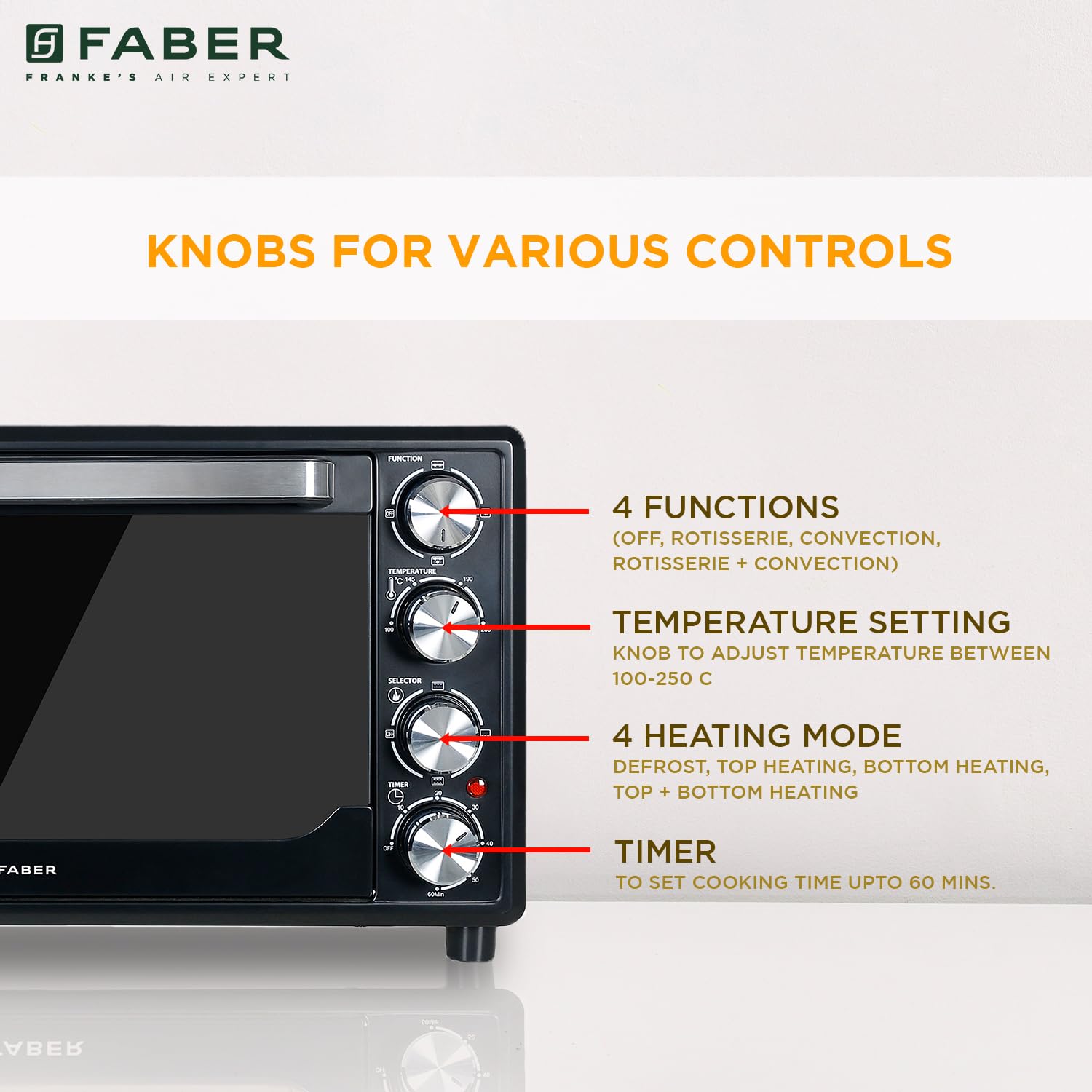 Faber 34L Double Glazed 1600W OTG|Bake, Toast, Roast, Grill|6 Functions, Upper & Lower Heating, Rotisserie, 360° Convection,Crumb Tray, Double Glaze Glass|Bake Plate, Pizza Plate, Silicon Gloves|Black