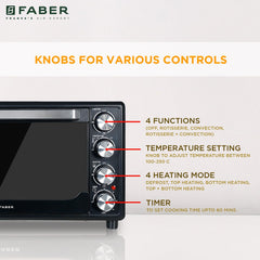 Faber 34L Double Glazed 1600W OTG|Bake, Toast, Roast, Grill|6 Functions, Upper & Lower Heating, Rotisserie, 360° Convection,Crumb Tray, Double Glaze Glass|Bake Plate, Pizza Plate, Silicon Gloves|Black