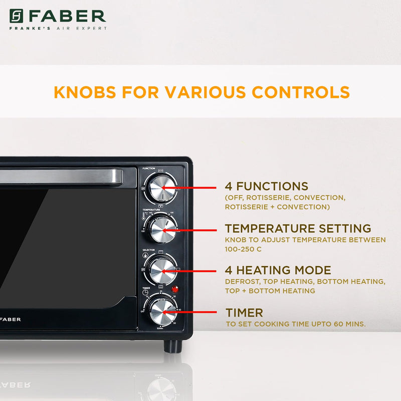 Faber 34L Double Glazed 1600W OTG|Bake, Toast, Roast, Grill|6 Functions, Upper & Lower Heating, Rotisserie, 360° Convection,Crumb Tray, Double Glaze Glass|Bake Plate, Pizza Plate, Silicon Gloves|Black