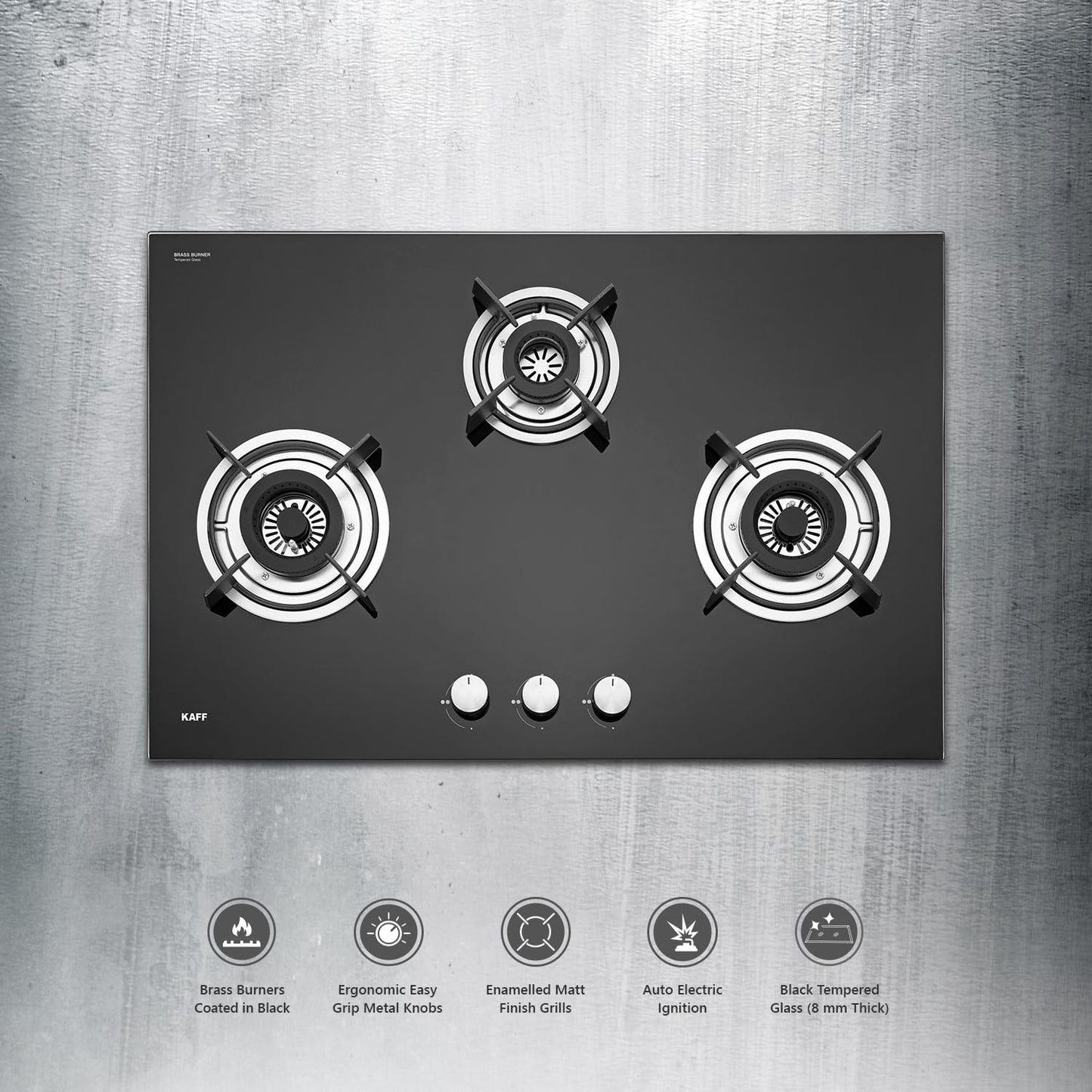 KAFF HBR 783 Built-in Hob/Hobtop 3 Burners, Auto Electric Ignition Glass Top, 78 CM, Powerful Brass Burners, 8 MM Thick Toughened Glass, Enamelled Matt Grills (Black)