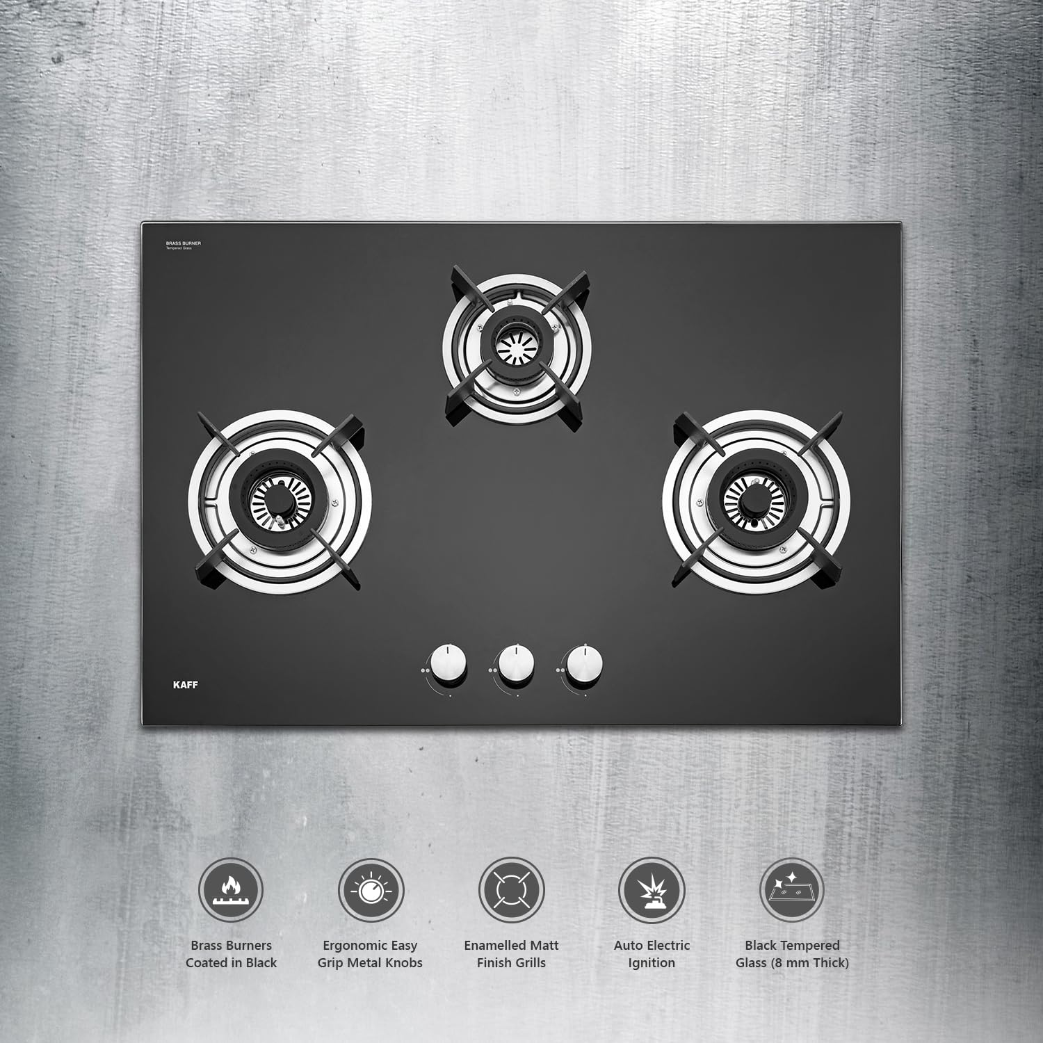KAFF HBR 783 Built-in Hob/Hobtop 3 Burners, Auto Electric Ignition Glass Top, 78 CM, Powerful Brass Burners, 8 MM Thick Toughened Glass, Enamelled Matt Grills (Black)