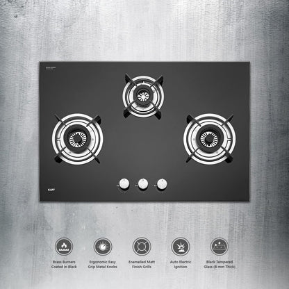 KAFF HBR 783 Built-in Hob/Hobtop 3 Burners, Auto Electric Ignition Glass Top, 78 CM, Powerful Brass Burners, 8 MM Thick Toughened Glass, Enamelled Matt Grills (Black)