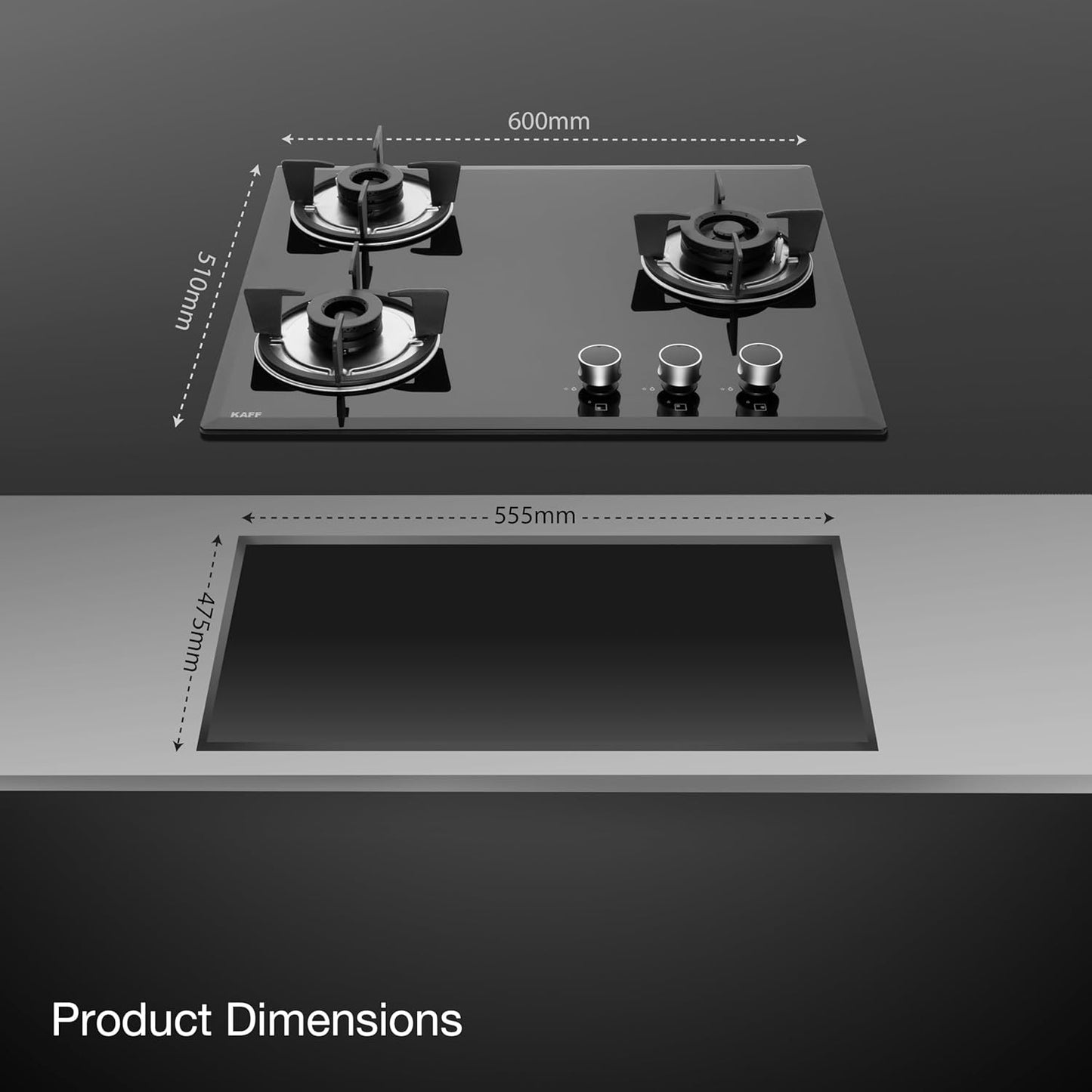 KAFF 3 Burners Built-in Hob & Hobtop For Modular kitchen -8 MM|Auto Electric Ignition Glass Top| Full Brass Burner| Enamelled Matt Finish, Easy Grip Knobs, Toughened Glass (Black,80CM) | FBB 603 |
