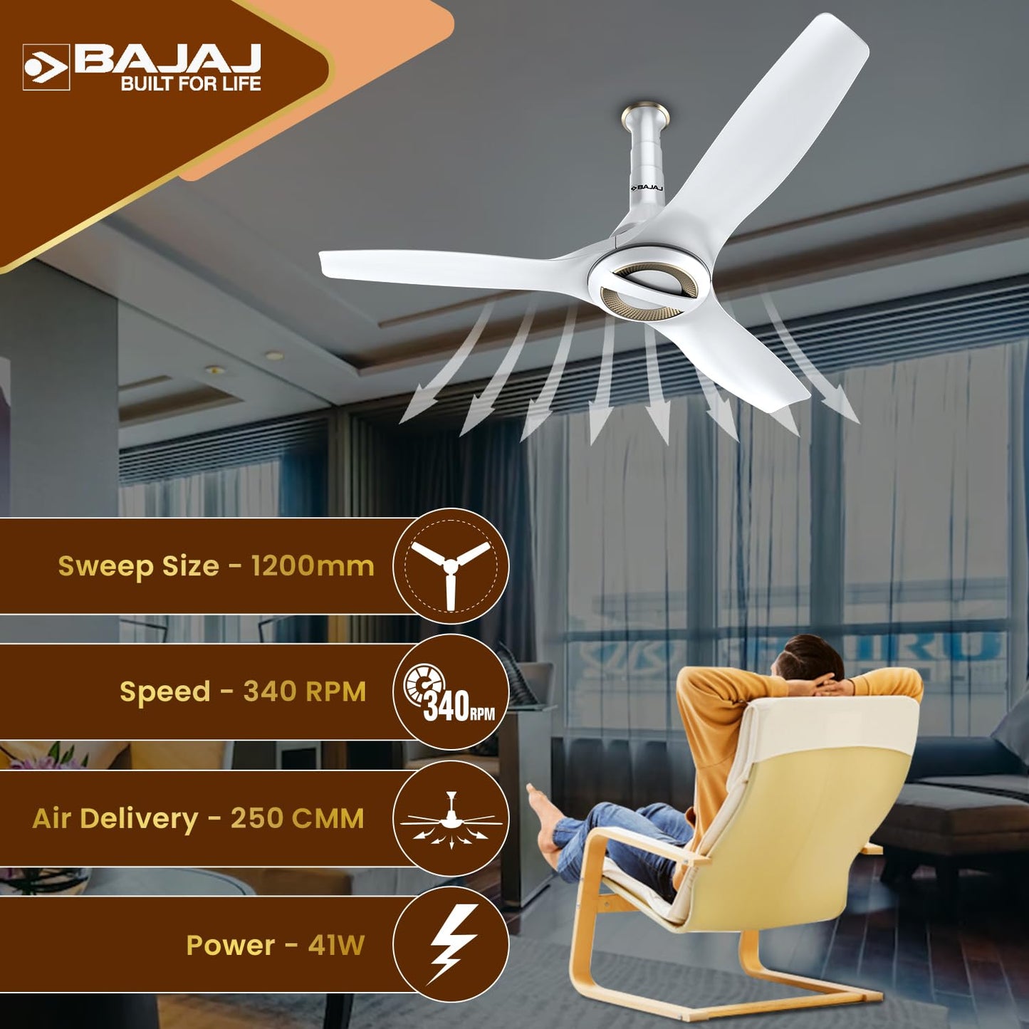 Bajaj Arioso Luxe 1200MM (48") BLDC Ceiling Fans For Home | BEE 5 Stars Rated Energy Efficient | Aerodynamically Designed Blades | Adjustable Canopy | RF Remote | 2-Yr Warranty 【White & Nickel】