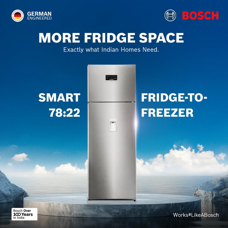 Bosch 368L, 1 Star, Frost Free Double Door Refrigerator with 2.5 L Water Dispenser | 6-in-1 Convertible Storage Modes | Fresh up to 10 Days | Touch Panel | 2 Cooling System (CTC39S21AI, Steel, 2026)