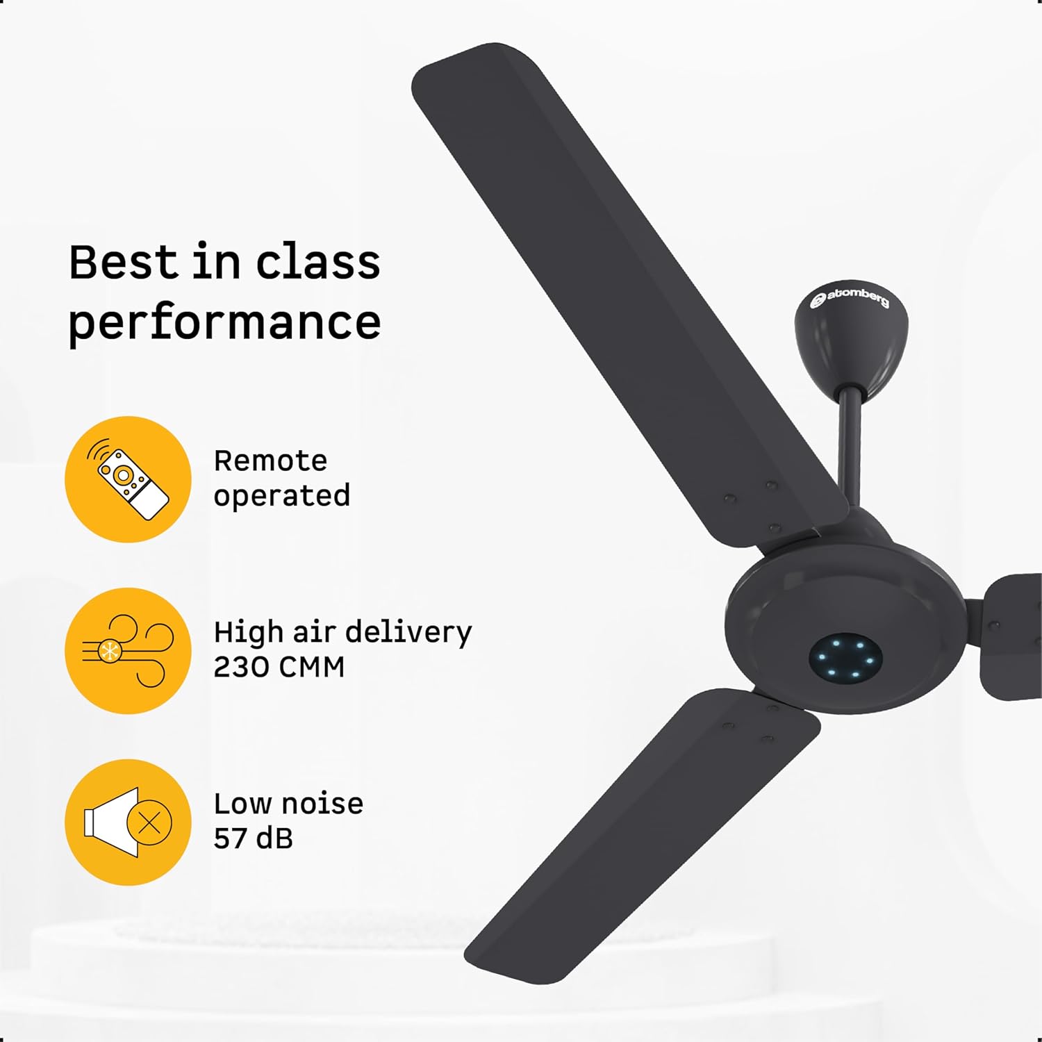 atomberg Ikano 1200mm BLDC Ceiling Fan with Remote | BEE 5 star | High Air Delivery | LED Speed Indicator | Low Noise | Timeless Design with Power Saving | 3 Year Warranty | (Pebble Grey)