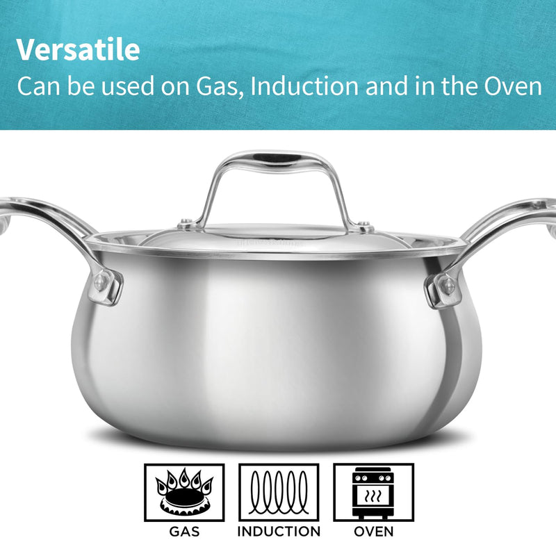 Hawkins Pro 2 Litre Handi with Lid, Triply Stainless Steel Sauce Pan for Cooking and Serving Biriyani, Silver (PSH20S)