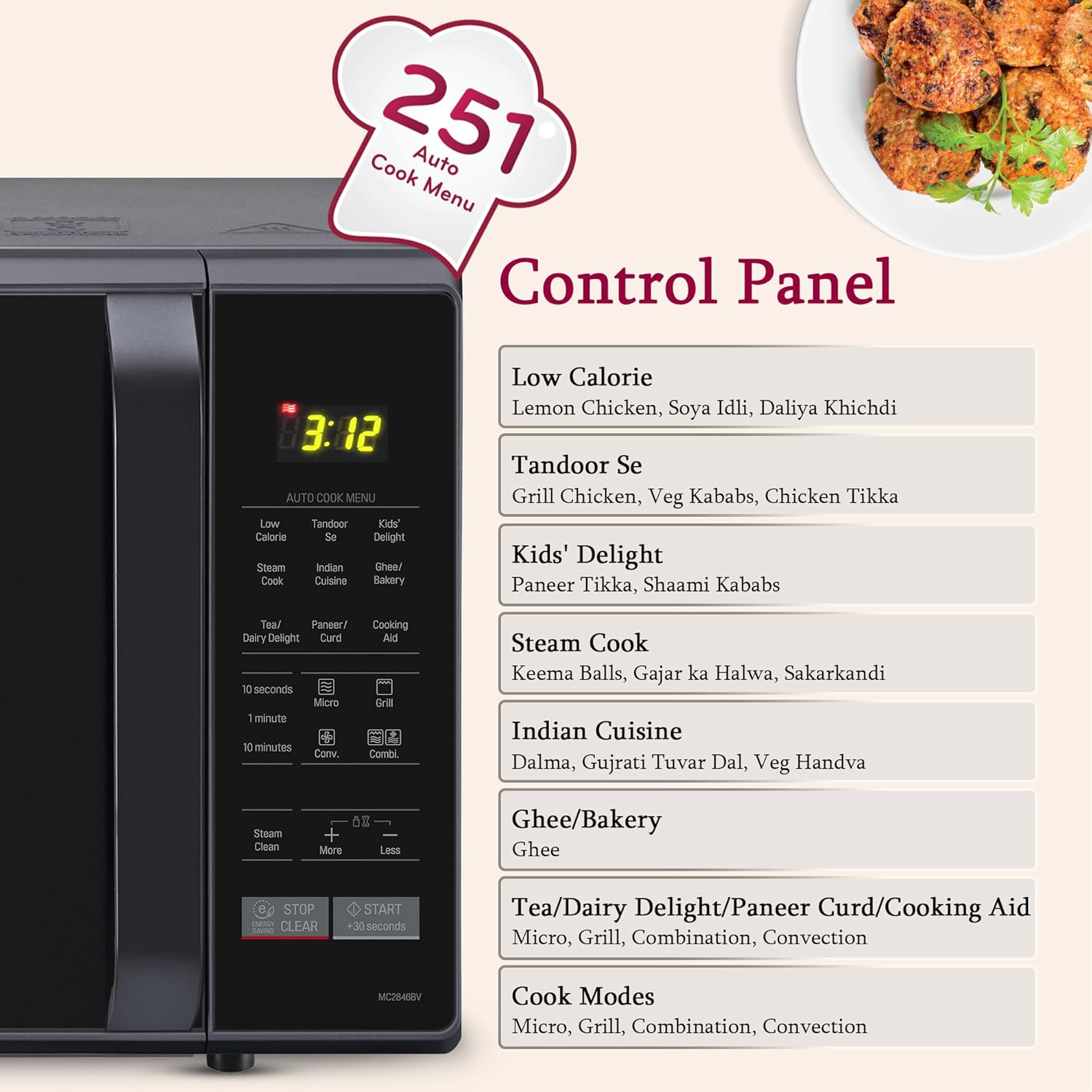 LG 28 L Convection Microwave Combination OvenOven (MC2846BV, Black, Auto Cook, Defrost, Indian Cuisine, Tandoor Se, Child Lock, Steam Cook & Stainless Steel Cavity)