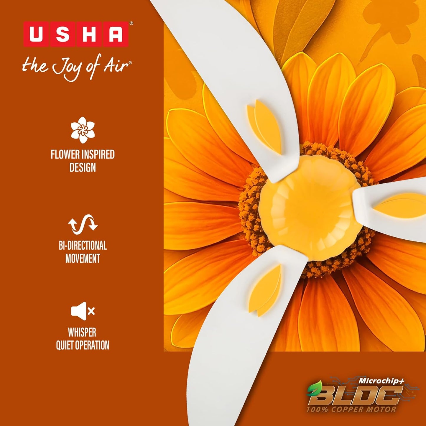 USHA New Bloom Series Helenium (Inspired by Helenium) BLDC Ceiling Fan with Bi-Directional Feature | Sleep/Boost/Timer Modes | RF Remote | Whisper-Quiet | Dust-Resistant (White & Saffron Yellow)