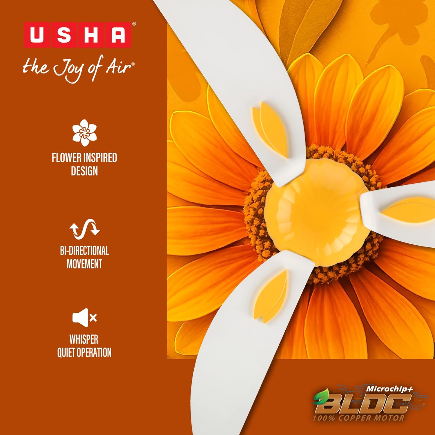 USHA New Bloom Series Helenium (Inspired by Helenium) BLDC Ceiling Fan with Bi-Directional Feature | Sleep/Boost/Timer Modes | RF Remote | Whisper-Quiet | Dust-Resistant (White & Saffron Yellow)