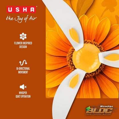 USHA New Bloom Series Helenium (Inspired by Helenium) BLDC Ceiling Fan with Bi-Directional Feature | Sleep/Boost/Timer Modes | RF Remote | Whisper-Quiet | Dust-Resistant (White & Saffron Yellow)