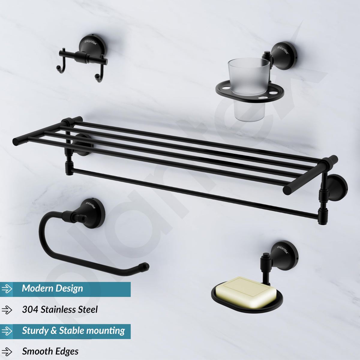 Plantex 304 Grade Stainless Steel Bathroom Accessories Set of 5 - Towel Stand/Napking Ring/Soap Stand/Toothbrush Holder/Robe Hanger - Niko (Black)-3