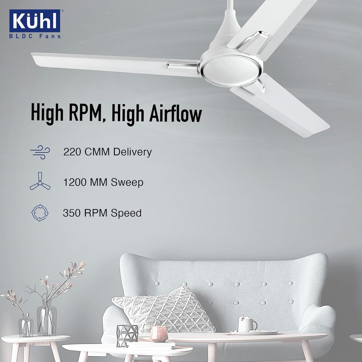 KUHL Prima A1 1200mm Decorative Power Saving BLDC Ceiling Fan with Remote | 29W | Saves upto 65% Electricity | 5 Star | High Air Flow | Stylish Design | White