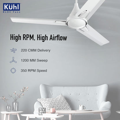 KUHL Prima A1 1200mm Decorative Power Saving BLDC Ceiling Fan with Remote | 29W | Saves upto 65% Electricity | 5 Star | High Air Flow | Stylish Design | White