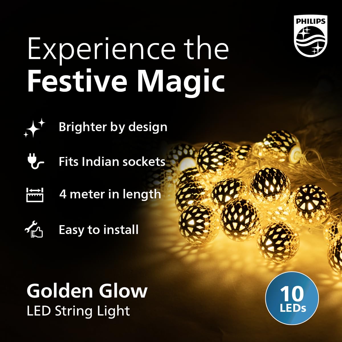 Philips 4M 10 LED Golden Glow String Light (Pack of 12)