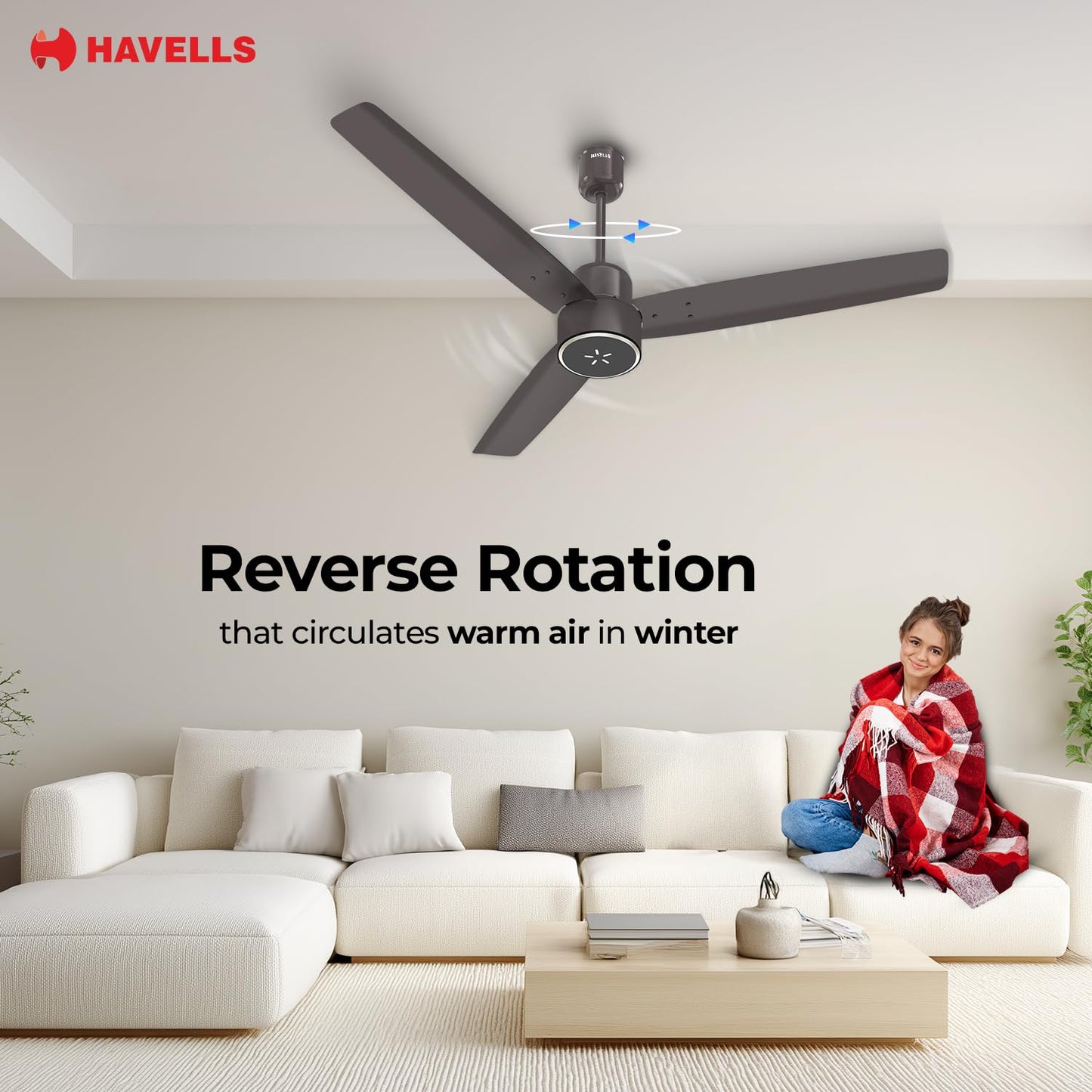 Havells FAB BLDC ULED Ceiling Fan 1200mm, 5 star, LED Speed Indicator, 380 RPM, Up to 65% Savings,Reverse Rotation,4 Speed Modes,Low Wattage 30W,Low Noise,Air Flow:225 CMM, 3 Year Warranty,Cocoa Brown