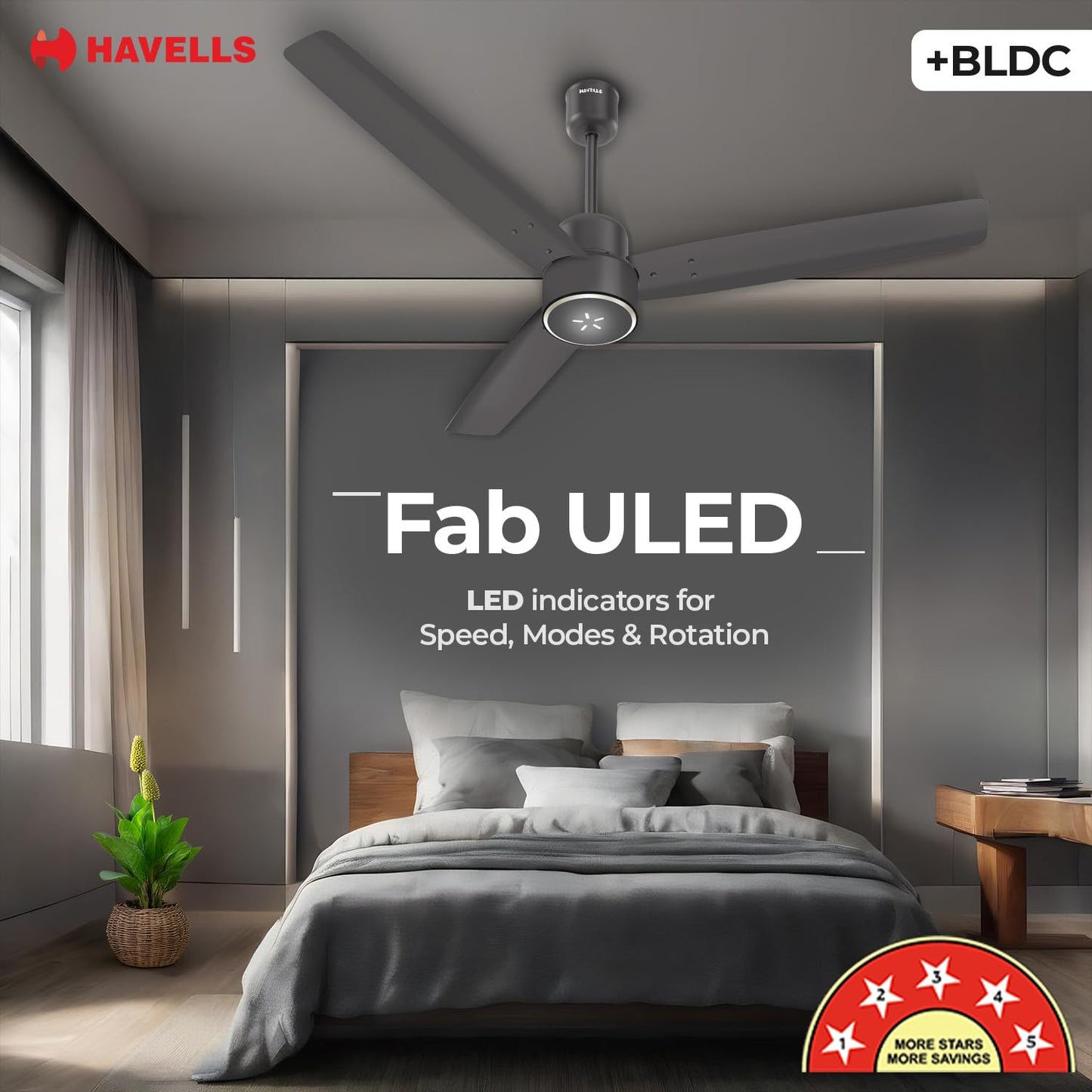 Havells FAB BLDC ULED Ceiling Fan 1200mm, 5 star, LED Speed Indicator, 380 RPM, Up to 65% Savings,Reverse Rotation,4 Speed Modes,Low Wattage 30W,Low Noise,Air Flow:225 CMM, 3 Year Warranty,Smoke Brown