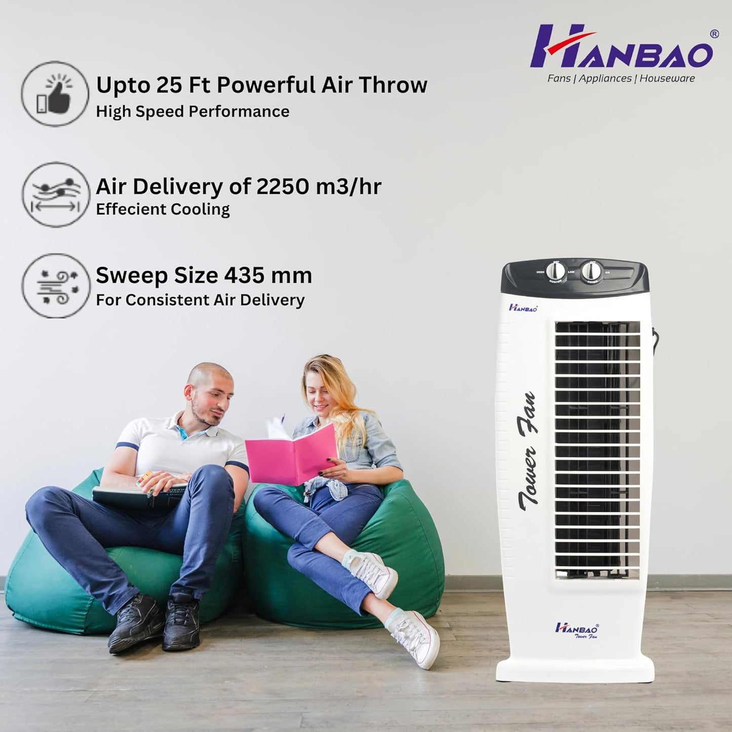 HANBAO high speed Tower Fan with TOP safety motor, 3 Speed - 2 Way Air Deflection, High air throw, REGULAR, 12 months warranty