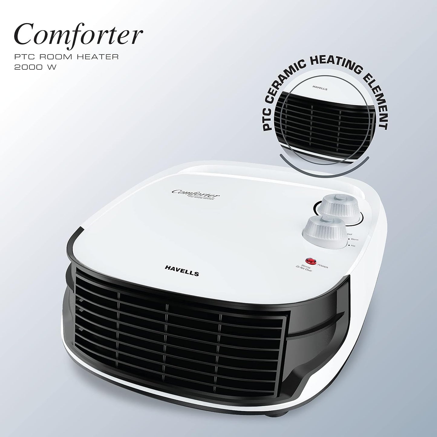 Havells Comforter 2000 Watt Room Heater with Overheat Protection| Easy to Carry for Bedroom and Office| Adjustable Thermostat Control Knob & Adjustable Vent for Air Delivery (White and Black)