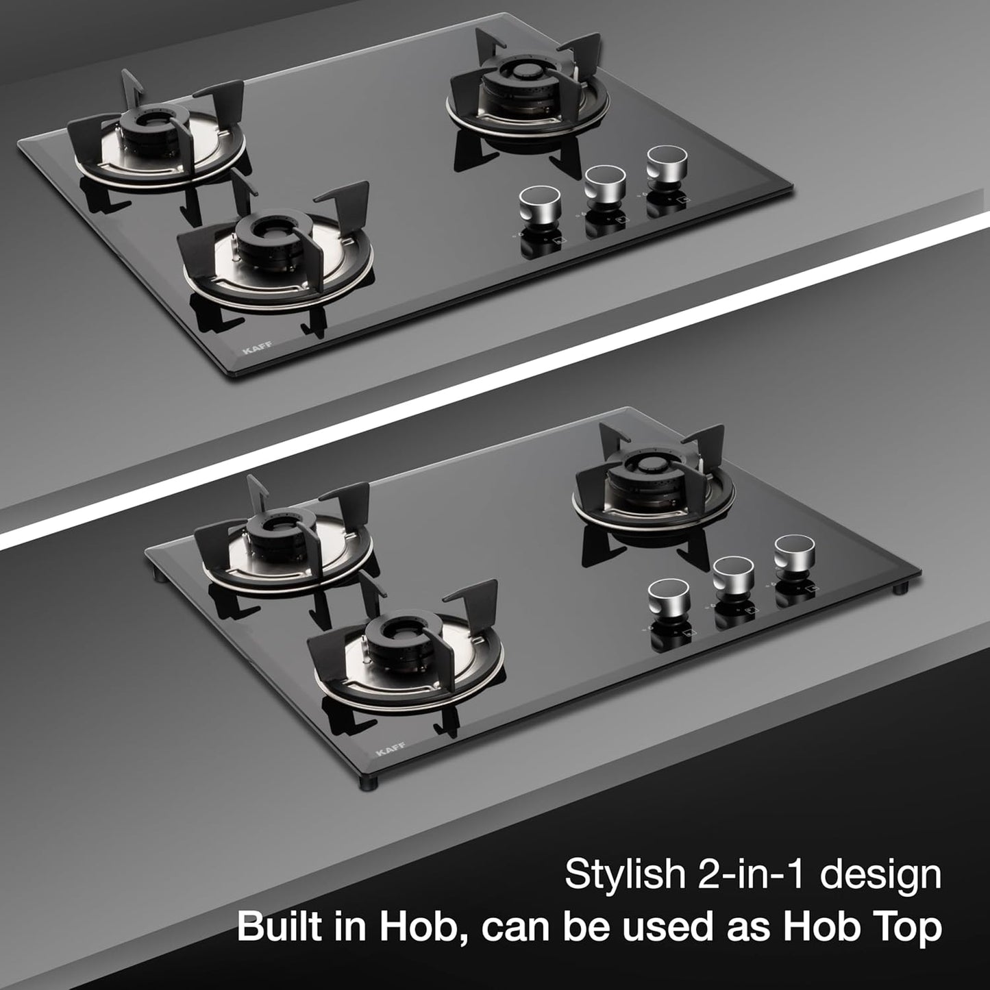 KAFF 3 Burners Built-in Hob & Hobtop For Modular kitchen -8 MM|Auto Electric Ignition Glass Top| Full Brass Burner| Enamelled Matt Finish, Easy Grip Knobs, Toughened Glass (Black,80CM) | FBB 603 |