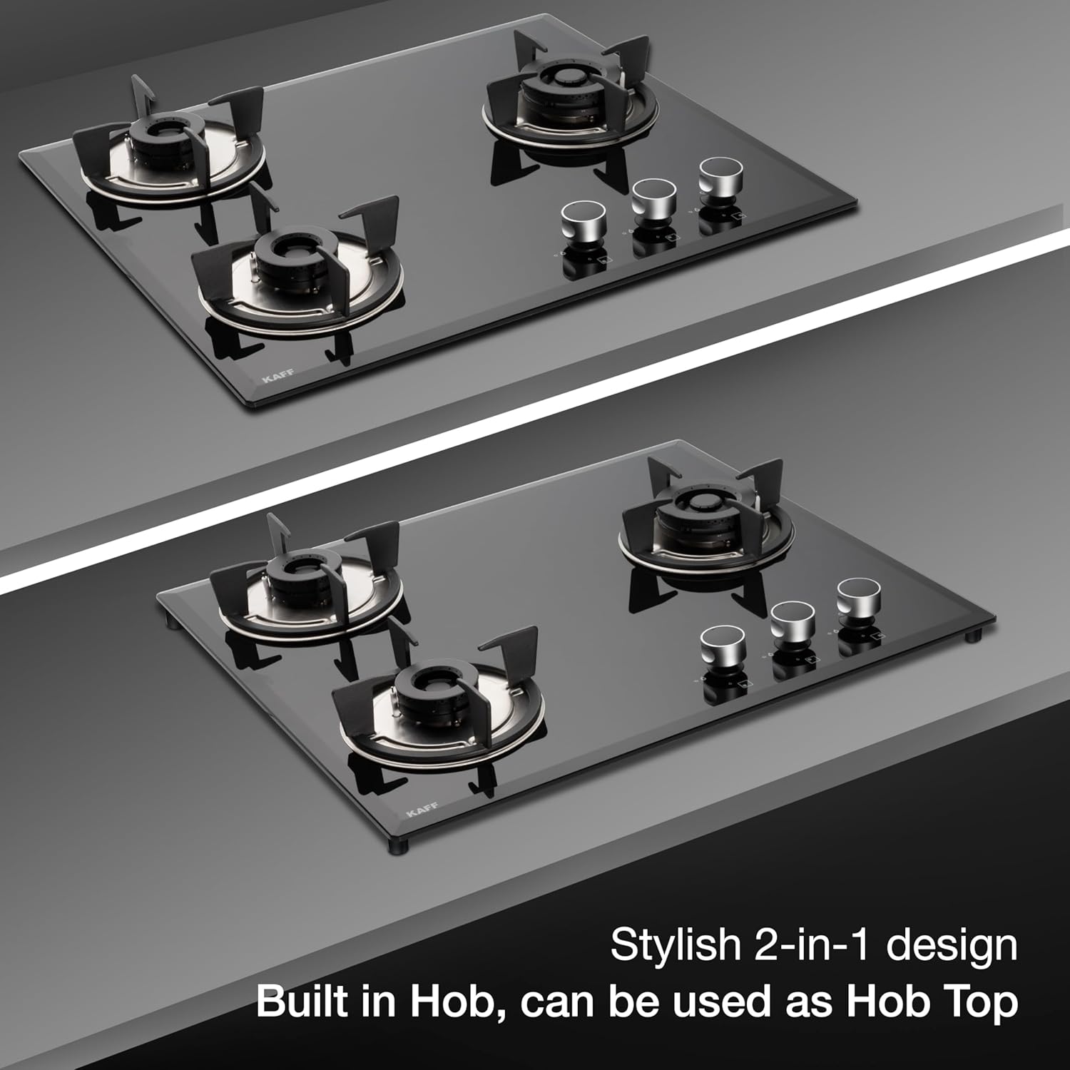 KAFF 3 Burners Built-in Hob & Hobtop For Modular kitchen -8 MM|Auto Electric Ignition Glass Top| Full Brass Burner| Enamelled Matt Finish, Easy Grip Knobs, Toughened Glass (Black,80CM) | FBB 603 |