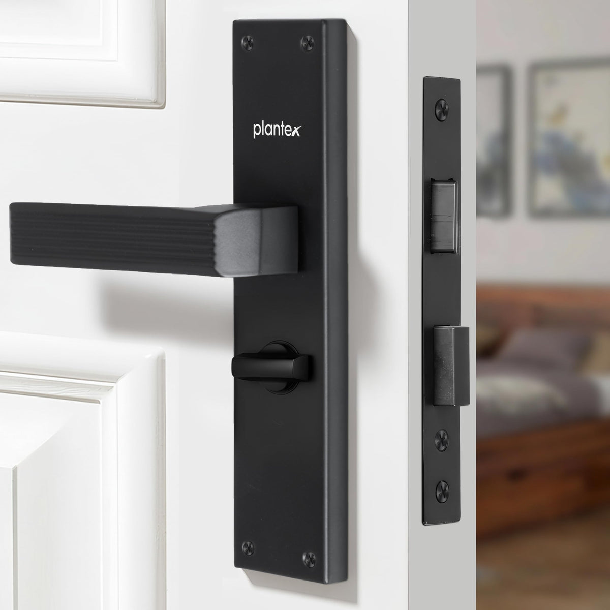 Plantex Stainless Steel Door Lock Bathroom Door Lock/Mortise 8inch Keyless Plate Handle Set for Home/Bathroom/Store Room/Balcony/Office - Pack of 1 (DTM-661, Z-Black)