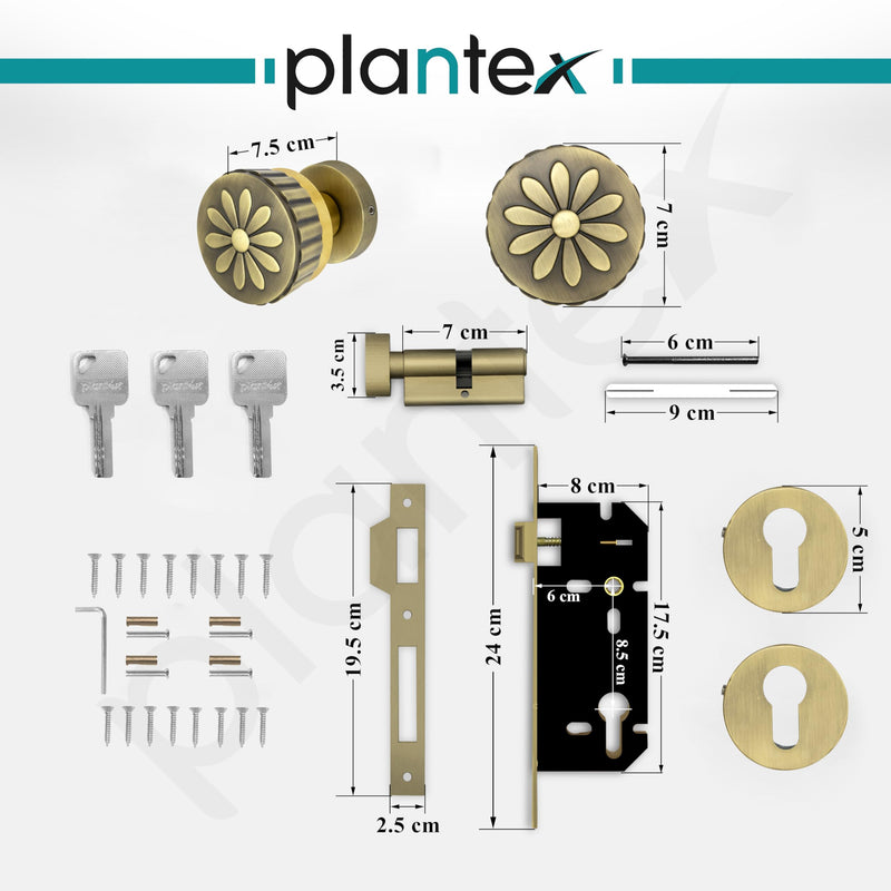 Plantex Heavy Duty Mortise Door Lock/Handle Set for Home/Office (Brass Antique & Gold)-3