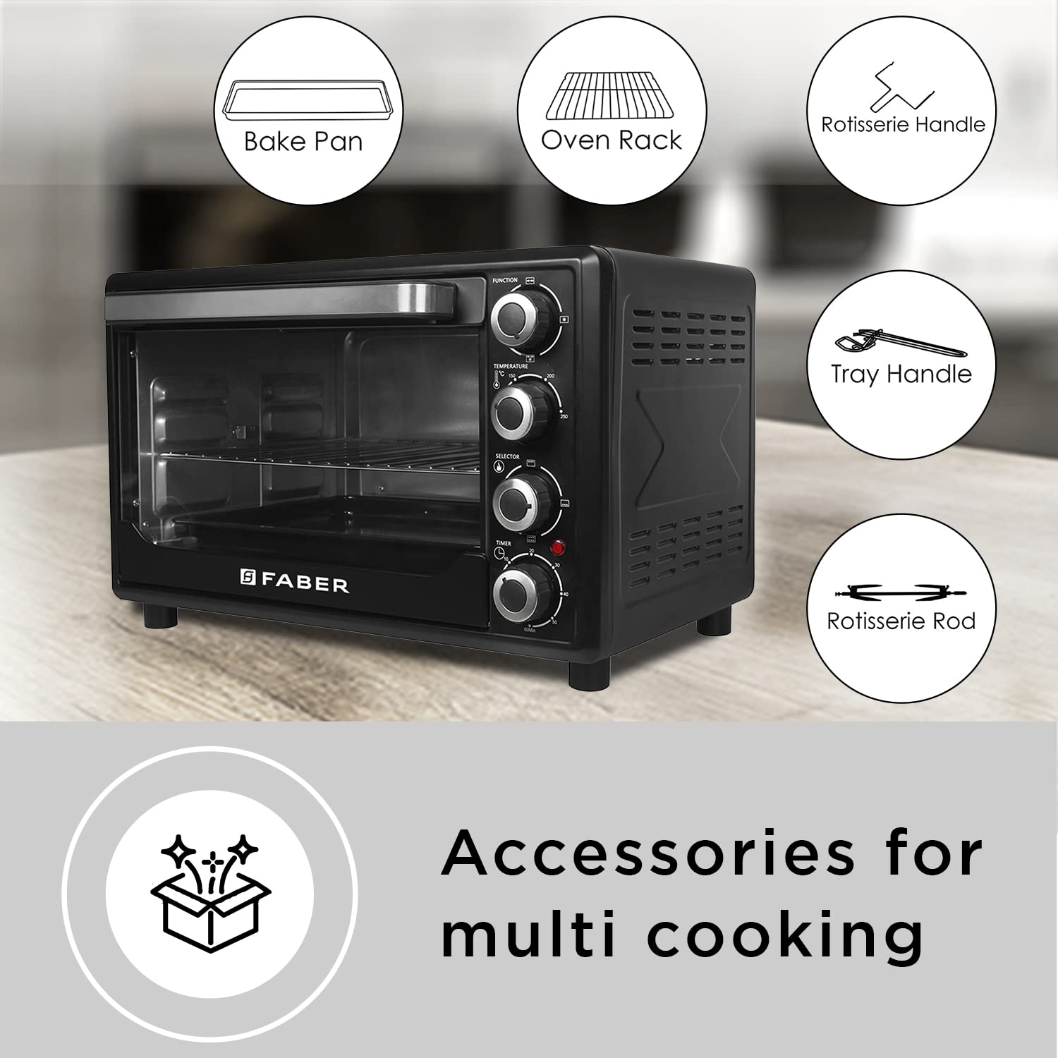Faber 60L 2200W OTG | Bake, Toast, Roast, Grill | 4 Heating Functions, Upper & Lower Heating, Rottisserie, 360° Convection| Indicator Light, Auto Shut-Off, Ready Bell | Removable Crumb Tray | (Black)