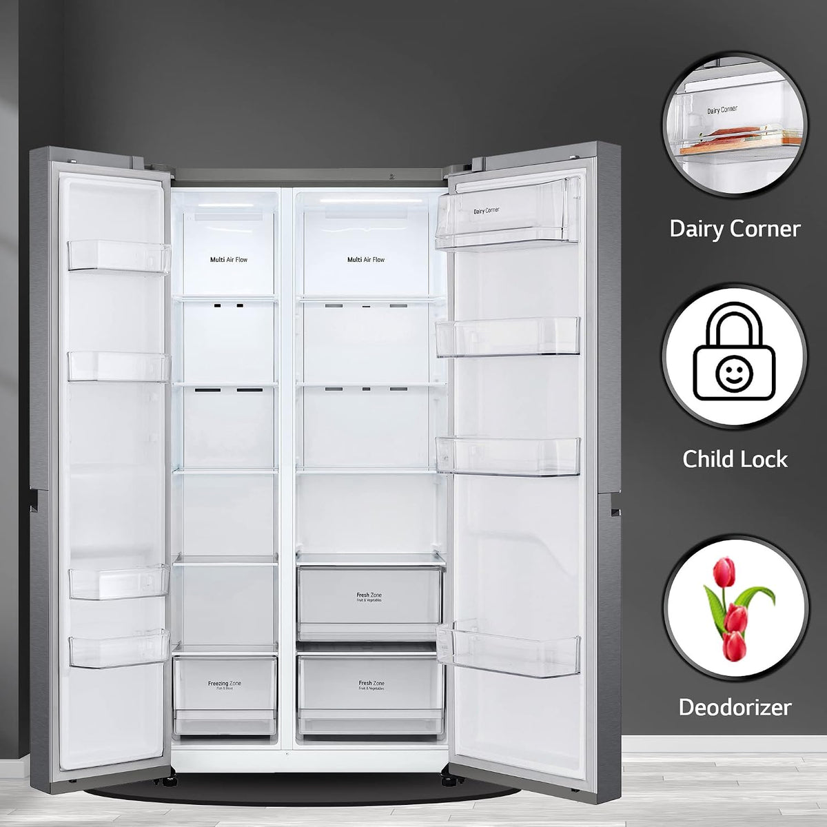 LG 688 L Frost-Free Smart Inverter Compressor Side-By-Side Refrigerator (GC-B257KQDV, Dark Graphite Steel, Multi Digital Sensors and Express)-3