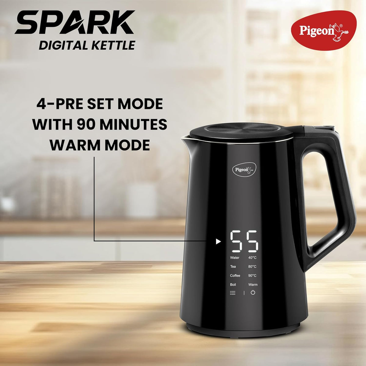 Pigeon Spark Digital Kettle 1500 Watt, 1.5 L with Stainless Steel Body, Used for Boiling Water and Milk, Tea, Coffee, Oa