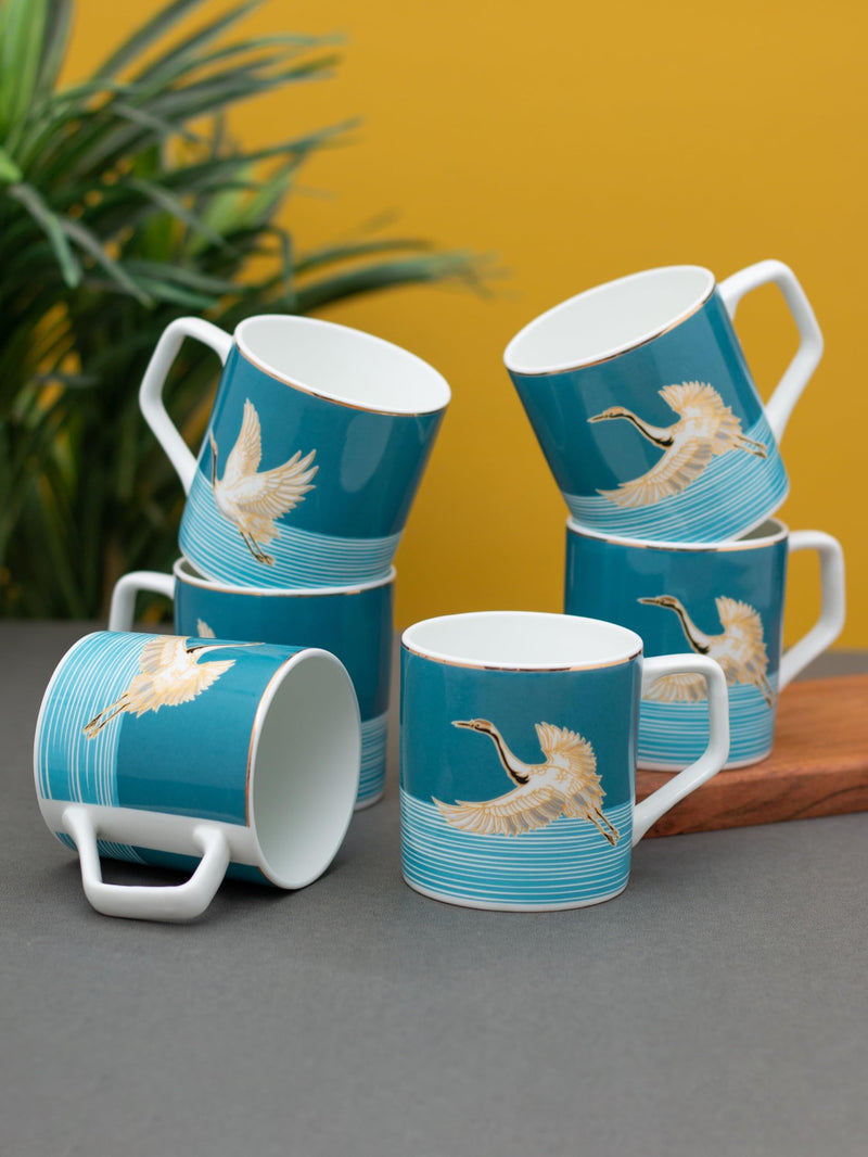 Clay Craft Fine Ceramic Director Printed Tea/Coffee Set of 6-200 ml Each (Green), Tea Cup Set of 6, Microwave & Dishwasher Safe, Mugs for Coffee, Cups Set of 6, Mug Set, Gift Set, Ideal for Gifting