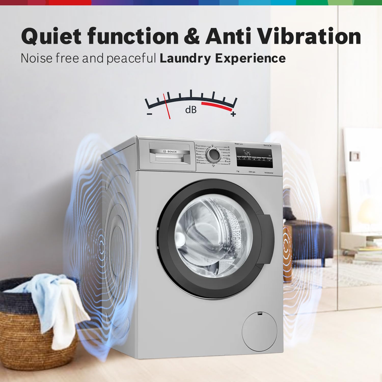 Bosch 7 kg, 5 Star, AI active water+, Anti-Wrinkle, Anti-Tangle, Anti Bacteria Steam, Fully-Automatic Front Loading Washing Machine (WAJ24266IN, In-Built Heater, Silver)