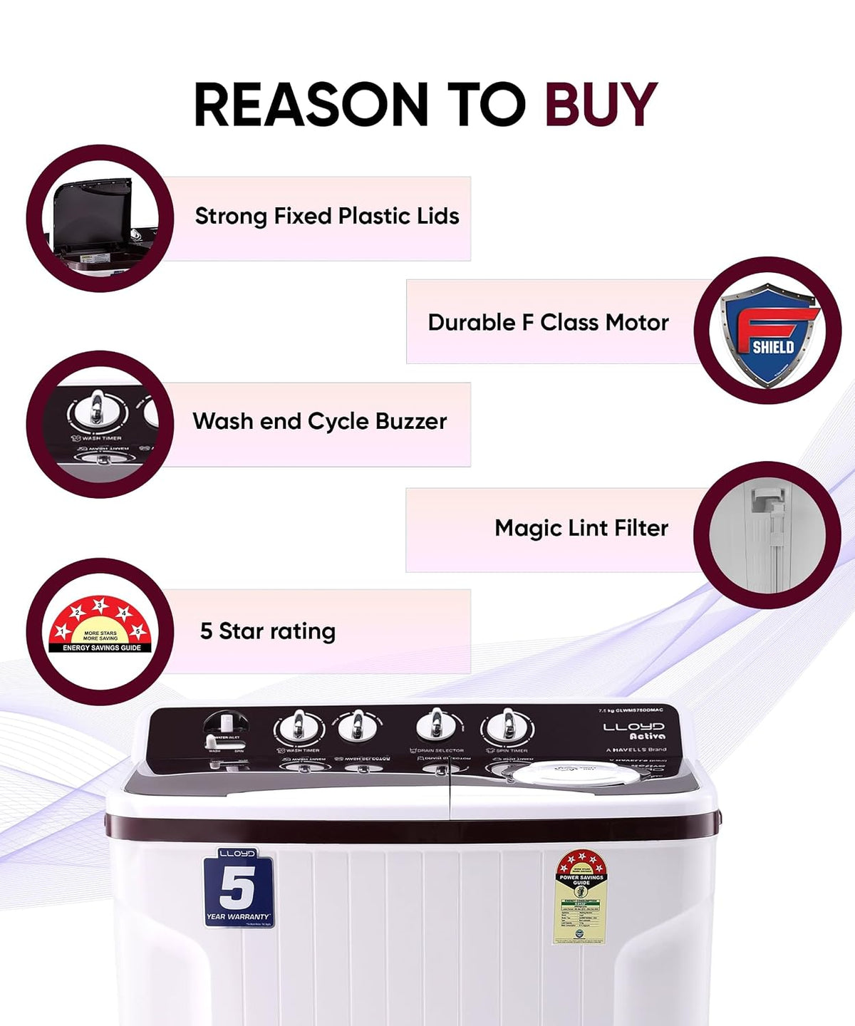 Lloyd 7.5 kg 5 Star Semi Automatic Top Load Washing Machine (GLWMS75DDMAC)-5